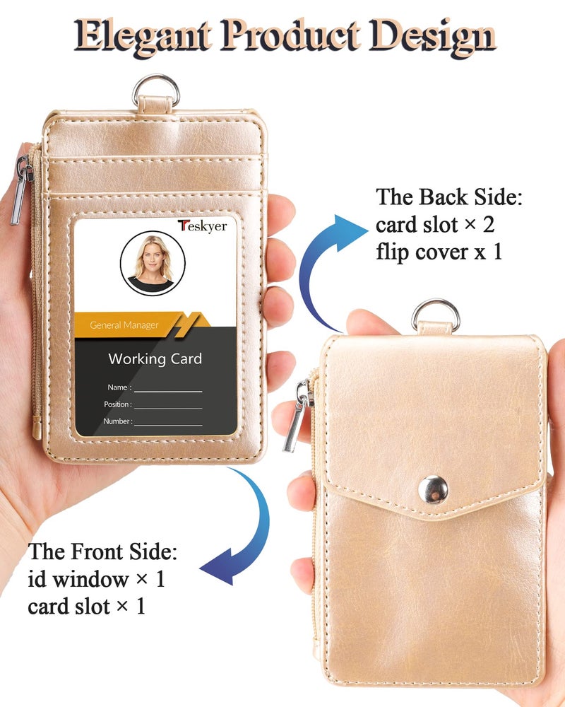Teskyer Badge Holder with Side Zip Pocket, Multiple Card Slots Leather ID Holder Wallet with Neck Lanyard for Office Staffs, Teachers/Students, Couriers, Workers, Gold - Image 4